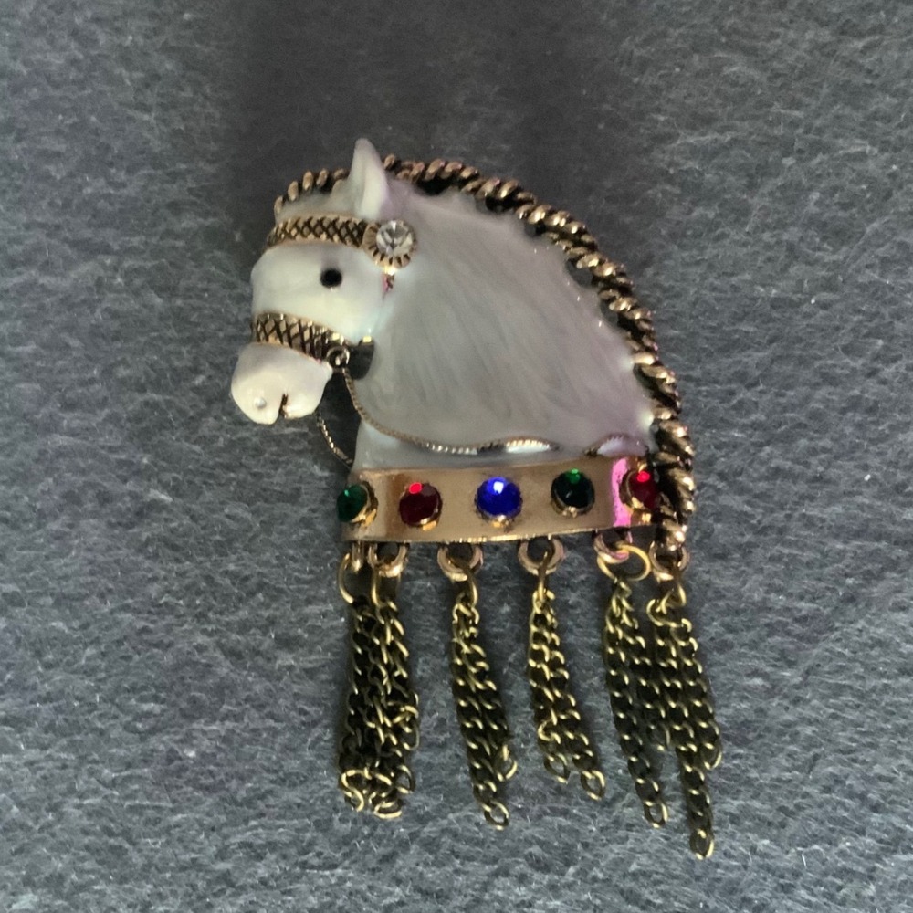 Vintage Western White Enamel Horse Statement Brooch with Chain Tassels Gold Tone